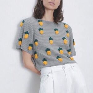 Zara Knit 100% Cotton Crocheted Pineapple Sweater Cropped Size Small